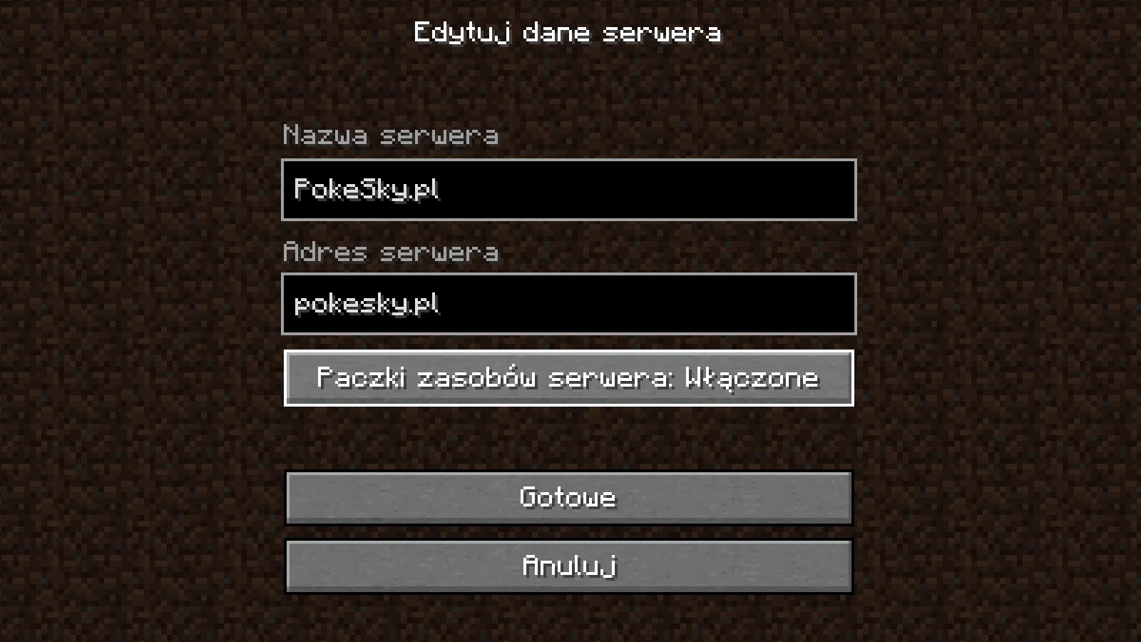 Screen z edycji danych serwera Minecraft